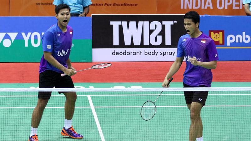 Angga Pratama/Ricky Karanda lolos ke final India Open Super Series 2016 usai mengalahkan Ko Sung-hyun/Shin Baek-cheol pada babak semifinal, Siri Fort Sports Complex, New Delhi, Sabtu (02/04